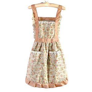 Apron Bib Waist Ties Retro Style Pockets Green Floral Tan Polka Dot Ruffle Trim